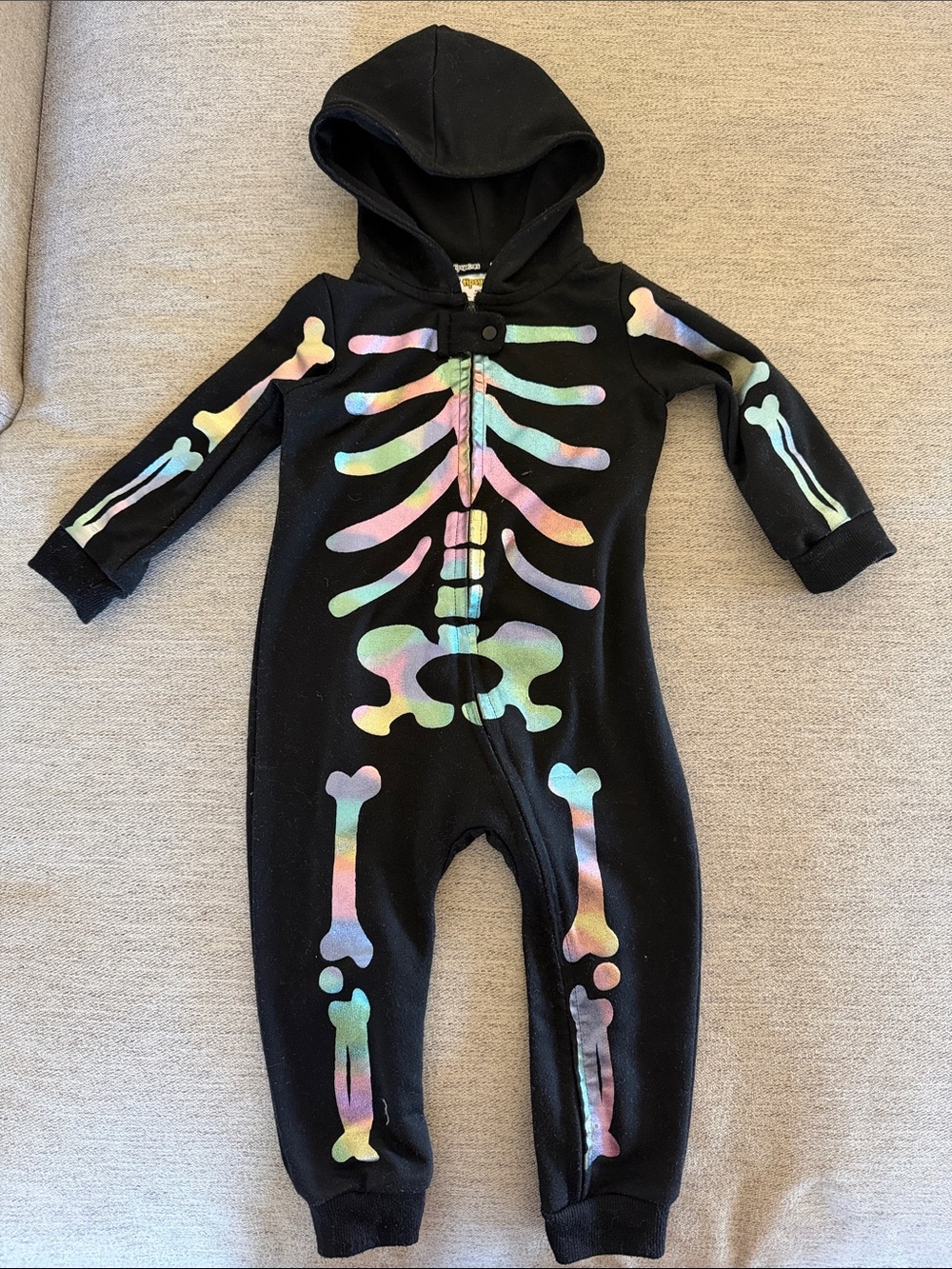 Tipsy Elves Black Hooded Kids One-Piece with Rainbow Skeleton Print
